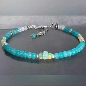Sky. Blue Amazonite. & Welo Opal Gemstone Bracelet in Sterling Silver